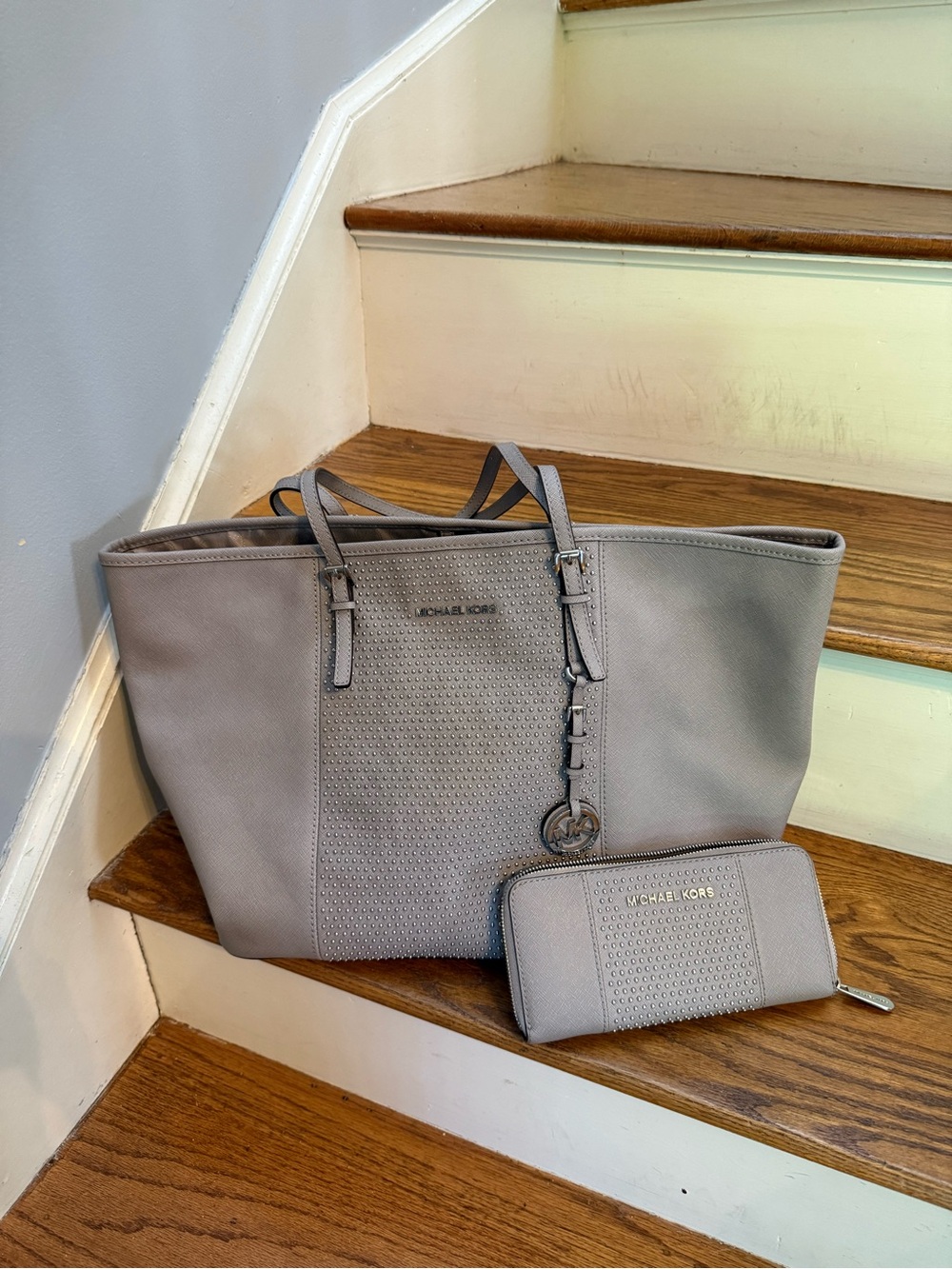 Michael Kors Light Gray Perforated Tote with Matching Wallet